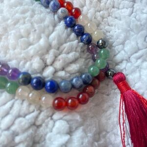 Multicolor Chakra Mala Beaded Necklace with Red Tassel